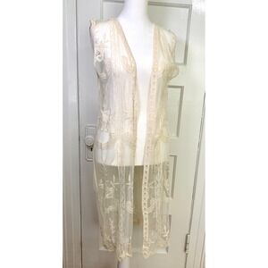 Ivory Floral Embroidered Lace Duster Fairy Mesh Longline Bohemian Festival SZ S